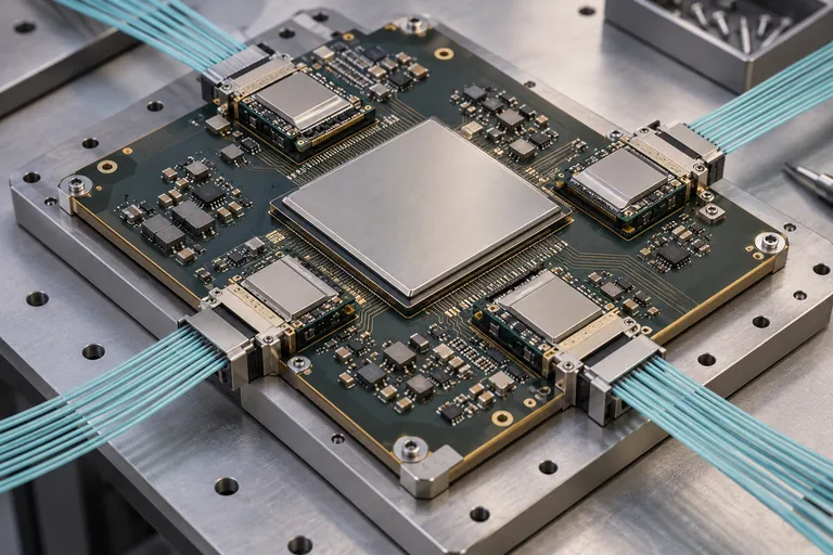 Conceptual switching ASIC surrounded by four smaller optical engines and outward fibre ribbons