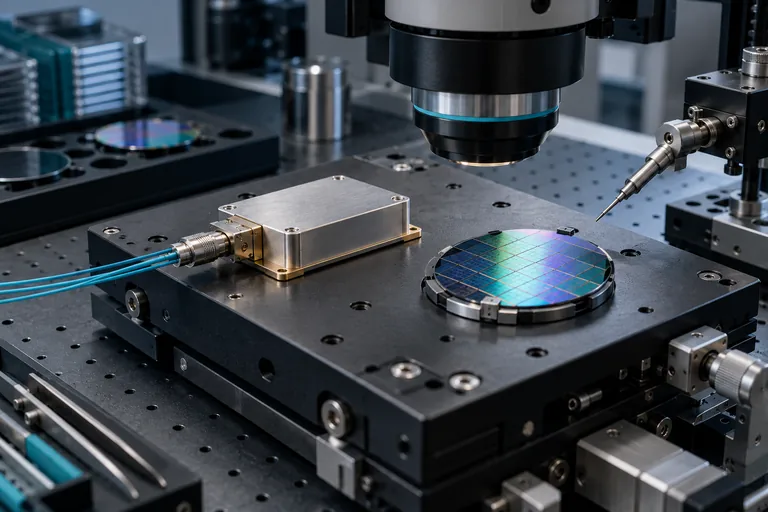 Conceptual photonic module and wafer sample beneath an inspection microscope and measurement probe