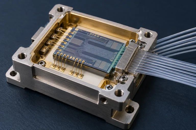 Conceptual silicon photonics die with fibre-array coupling and gold wire bonds in an open metal package
